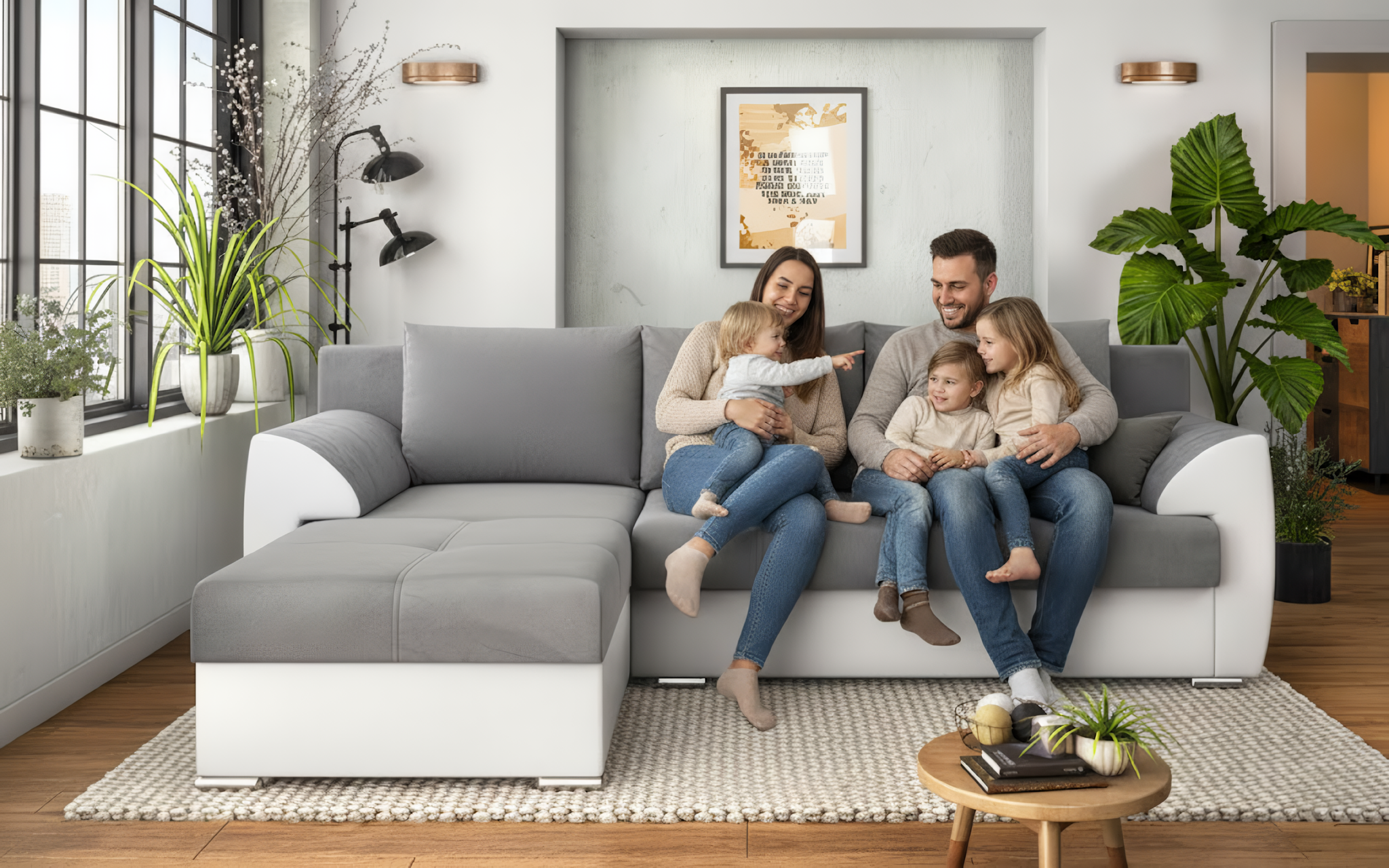 Coltar extensibil Deman, gri + piele alba  6